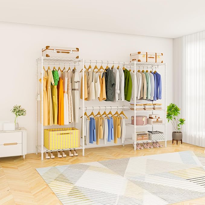 Heavy Duty Garment Rack, Portable Expandable Freestanding 4 Tiers Adjustable Wire Shelves Clothes Rack with 2 Retractable Poles, 70.9-86.6" L x 15.7" W x 76.8" H, Max Load 900LBS, White