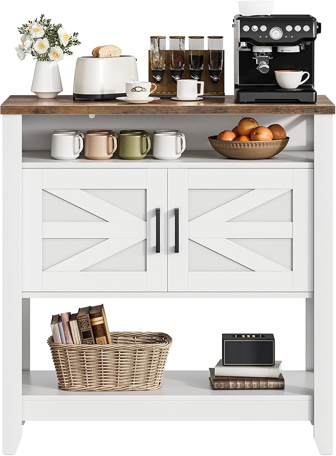 CHOEZON Console Table, Farmhouse Sofa Table with Power Outlet, Coffee Bar Cabinet with Storage, Entryway Table, Coffee Bar Table, for Entrance, Hallway, Kitchen, White and Walnut MXG01UWL