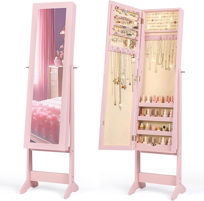 Giantex Jewelry Armoire with Full Length Mirror, Standing Jewelry Cabinet Organizer with 3 Tilting Angles, Bedroom Dressing Mirror with Large Storage for Earrings, Rings, Necklaces, Light Pink