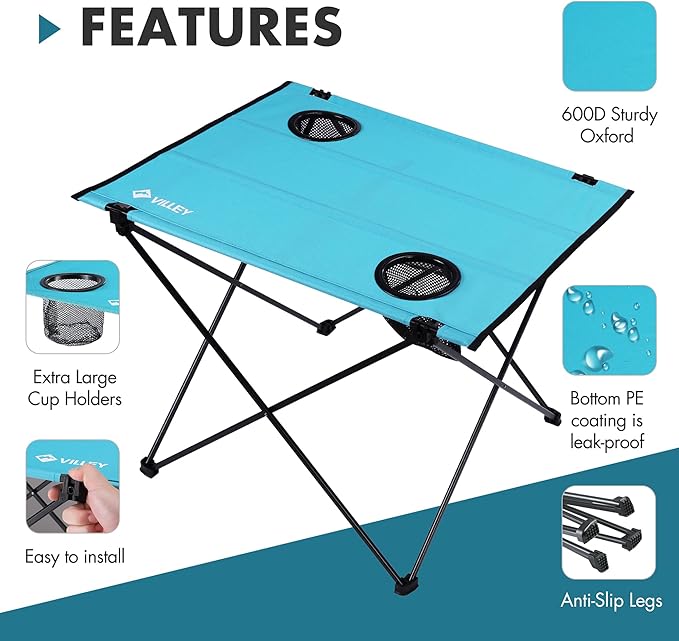 VILLEY Folding Camping Table with 2 Cup Holders & Carry Bag, Lightweight Portable Beach Table for Camping, Beach, Fishing, Travel, Outdoor Activities(Large)