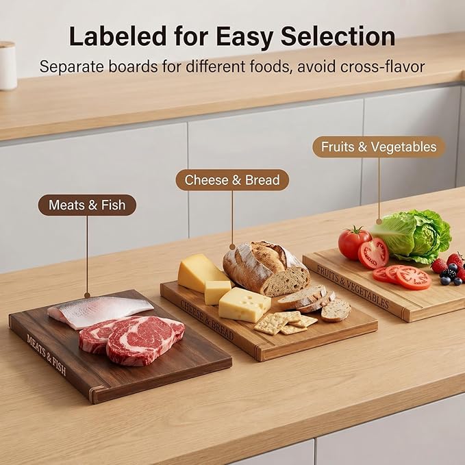 Book Cutting Board Set with Stand - Wooden Library Shaped Chopping Boards That Look Like Books, Labeled Meat, Fish, Cheese & Bread, Fruits & Vegetables, Decorative Kitchen Cutting Boards