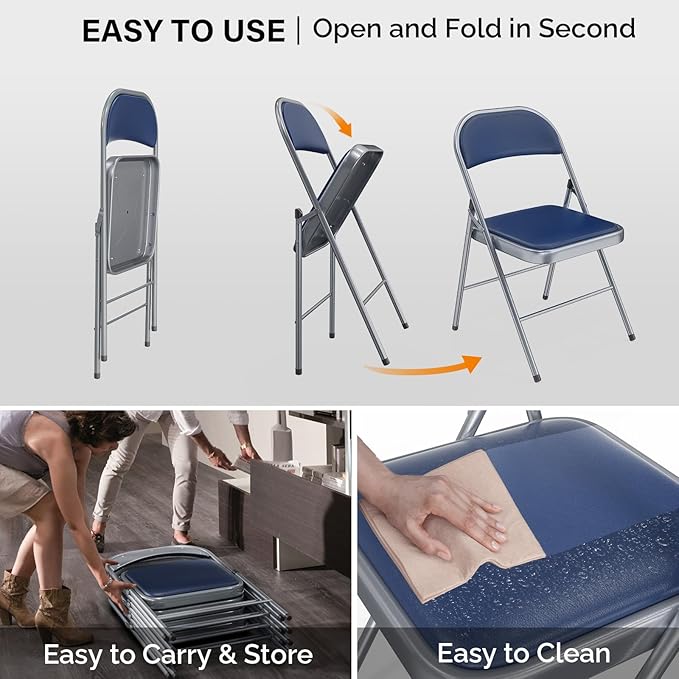 VINGLI 1 Pack Folding Chairs with Padded Seats, Metal Frame with Pu Leather Seat & Back, Capacity 350 lbs, Set of 1, Blue
