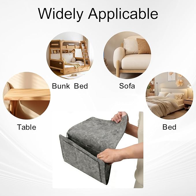 2Pcs Bedside Pocket Storage Holder, Felt Hanging Bed Caddy Organiser Bag, Sofa Bunk Beds Organizer for Mobile Phone, iPad, Remote Control, Books, Glasses, Magazine (Gray and Beige)