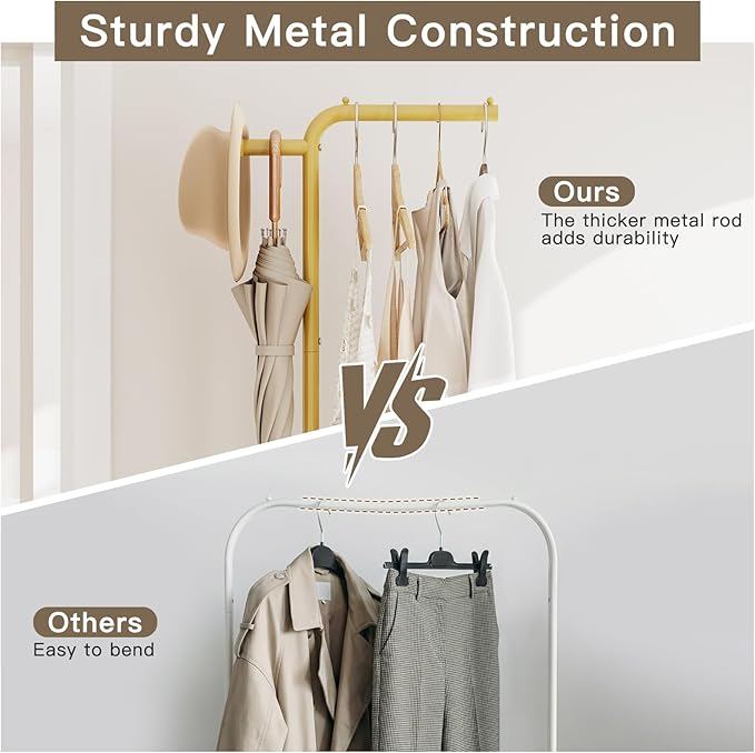 Small Clothes Rack with Wheels, 71" Portable Rolling Clothing Rack with Bottom Metal Shelf, Garment Rack with Hanging Rod, Sturdy Freestanding Coat Rack for Bedroom, Entryway, Gold