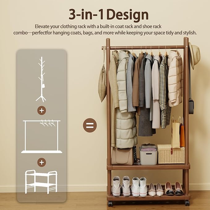 Solid Wood Clothing Rack Freestanding with Wheels, 3-in-1 Coat Rack with 2 Shelves & Hooks Load 500 Lbs, Heavy Duty Garment Rack for Hanging Clothes & Organizer for Entryway Bedroom Living Room 23.6"W