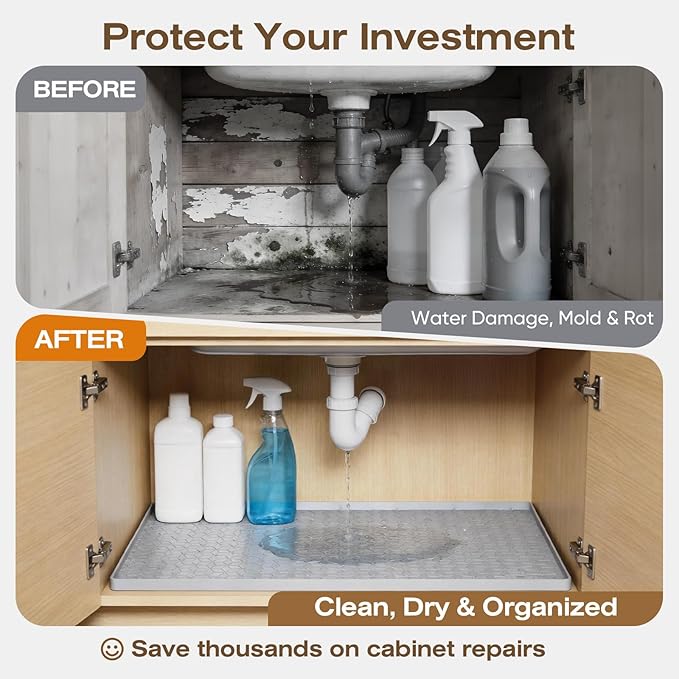 TRZZ Silicone Waterproof Under Sink Mat 34" x 22", Drip Tray and Cabinet Liner for Kitchen and Bathroom, Prevents Water Damage and Organizes Cabinets (Black)