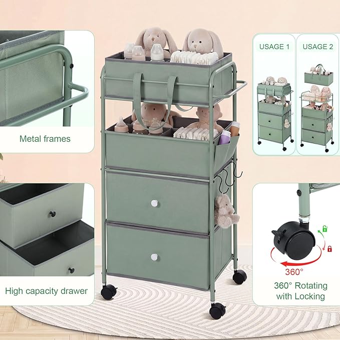 FoldTier 3In1 Baby Diaper Caddy Organizer Cart 4 Tier Large Capacity Metal Utility Bedside Rolling Cart with Divider Newborn Registry Nursery Essential Must Have Bedroom Gift Baby Shower (Green)