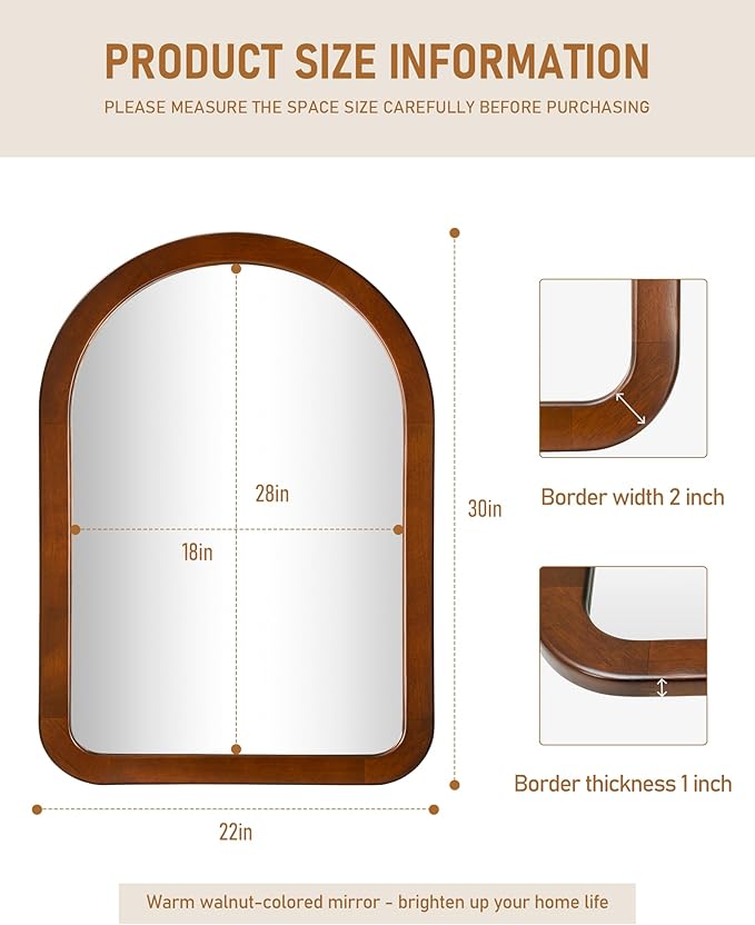 Arched Mirror 22 x 30 Inch,Walnut Brown Wood Rustic Bathroom Tempered Wall Mirror with Wood Frame,Round Corner Arch Farmhouse Wooden Vanity Mirror for Living Room,Entryway or Bedroom