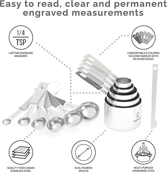 CuttleLab Measuring Cups and Measuring Spoons Set of 14 - Stainless Steel Measuring Cups and Spoons Set, Includes 1/8 Teaspoon Measuring Spoon, 1/8 Cup Measuring Cup, Leveler Dry (14, Charcoal)
