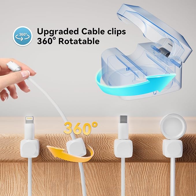 Lancord 8 Pack Cord Organizer Holder, Rotatable Cable Clips, Spring Cord Holder for Nightstand Adhesive Cable Organizer, Cable Management Clips Charging Cord Organizer (White, Square)