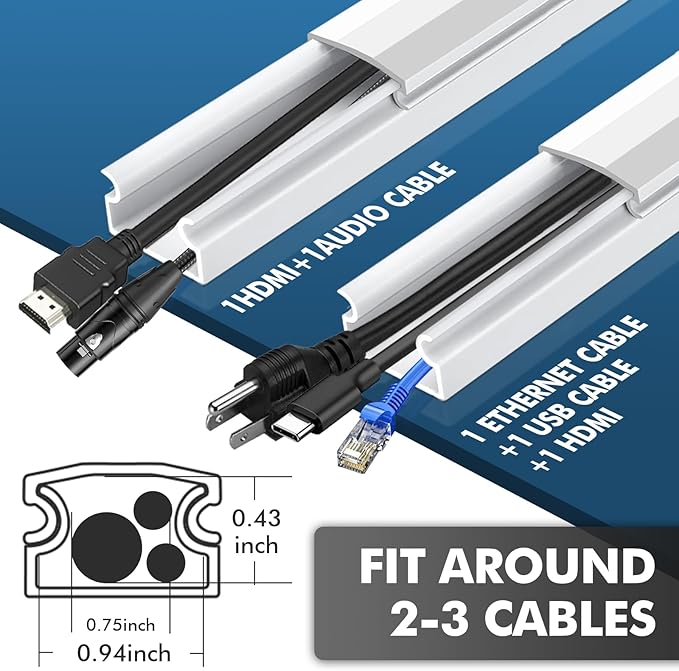 shinfly 86.9in Cord Hider Kit, Paintable Cable Raceway for Wall Mounted TV, Cord Covers for Wires on Wall, Wire Hider for TV Cables, White, 0.98” W x 0.51” H (14.5in x 6-Pack)