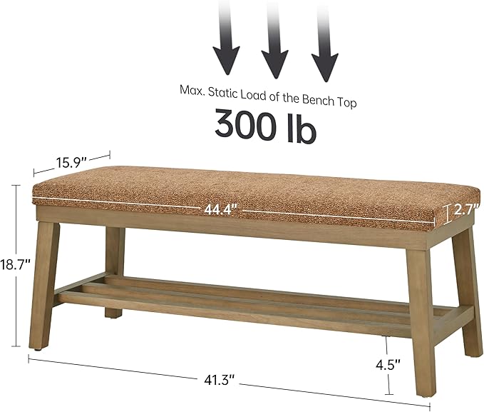 VKNOW Entryway Bench, 44.4" Upholstered Shoe Storage Bench for Entryway & Bedroom, Shoe Bench with Rubberwood Legs, Modern End of Bed Storage Bench for Living Room and Hallway, Orange