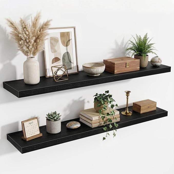 Floating Shelves for Wall,48 Inch Wall Mounted Rustic Wood Shelves,9.3" Deep Wall Shelf with Invisible Brackets,Large Deep Floating Shelf for Bathroom,Bedroom,Living Room,Book/Storage/Decor,Black