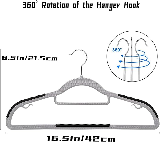 Plastic Clothes Hangers 50 Pack, Slim Space Saving Hangers with Anti-Slip Grip, 16.5 Inch Non Slip Coat Hangers with 360° Swivel Hooks for Shirts, Pants, Jackets & Closet Organization