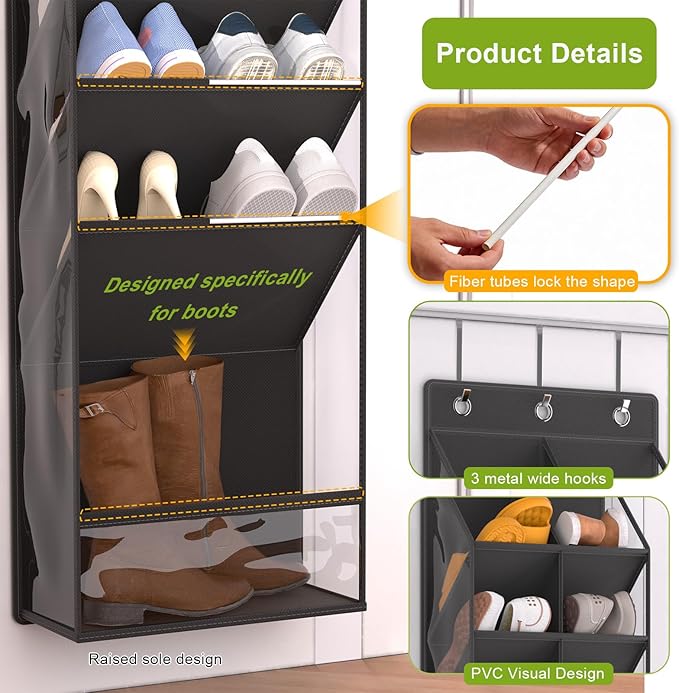 Over the Door Shoe Organizer, Hanging Shoe Rack for Closet with 16-20 Pairs Capacity, Foldable Storage for Shoes, Boots, Sneakers, for Dorm Room, Apartment, Small Spaces（Black