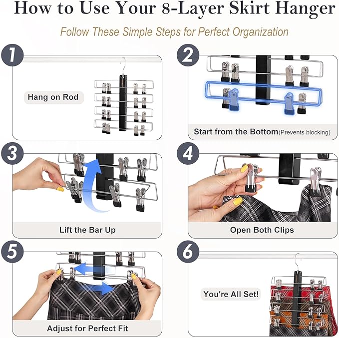 HOUSE DAY Skirt Hangers Space Saving 2 Pack, Double Row 4-Tier Non-Slip Hangers with Clips for Skirts, Shorts, and Pants - Lotus Wood Clip Hanger for Women - Closet Organizers and Storage (Black)