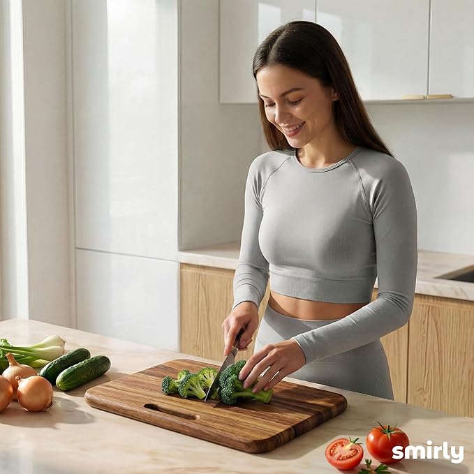 SMIRLY Wooden Cutting Boards for Kitchen, Double-Sided Cutting Board with Handle, Heavy Duty Solid Acacia Wood Cutting Board Set with Stand, 3 Pcs Cutting Boards Non Toxic for Meat Vegetable Fruit