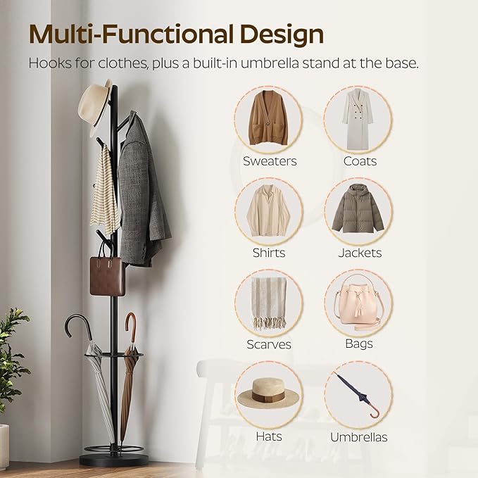 YATINEY Coat Rack Freestanding with Umbrella Holder, Coat Rack Stand with 8 Hooks, Heavy Duty Coat Tree for Entryway, Modern Clothing Rack, Metal Coat Hanger Stand for Bedroom, Office, Black YM03BB