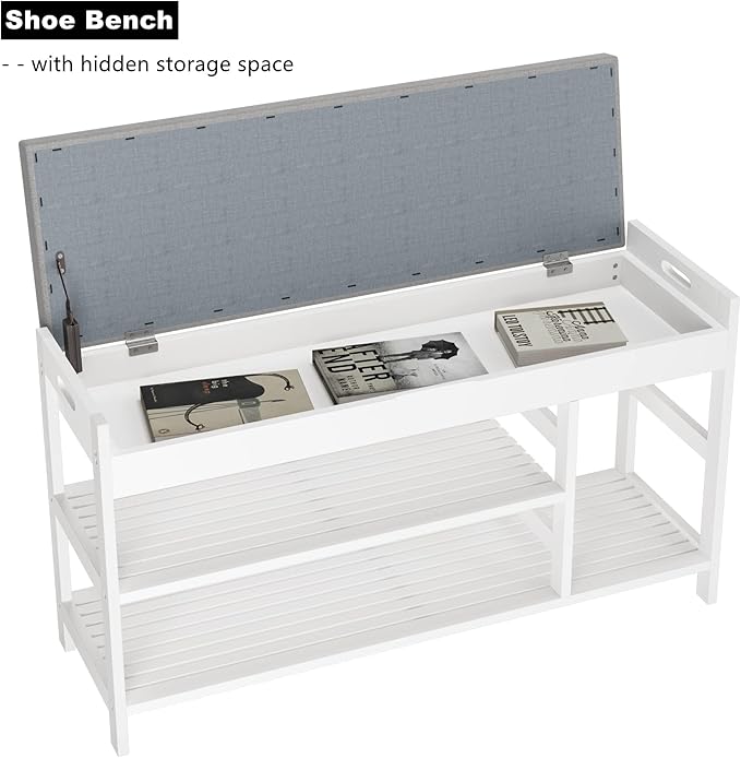 HIFIT 2-Tier Entryway Shoe Rack Bench with Storage, 36 in Bamboo Storage Bench with Padded Seat, Shoe Oiganizer Shelf for Entryway Mudroom Bathroom Hallway, White