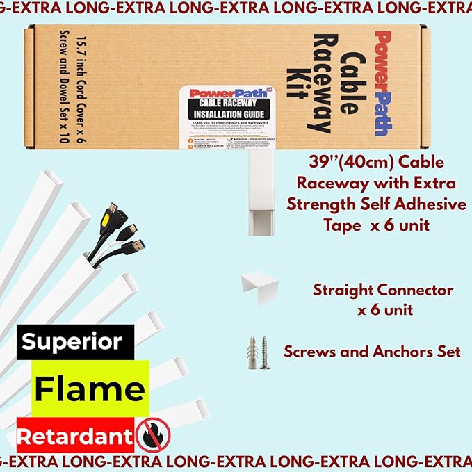Cable Management Kit | 6 Pcs x 1 Meter (3.3ft) Paintable Cord Cover with 6 x Connectors | Screws | Home Office Essentials | Wall Mounted Cable Concealer for TV | Computer, Speaker & Office Wires