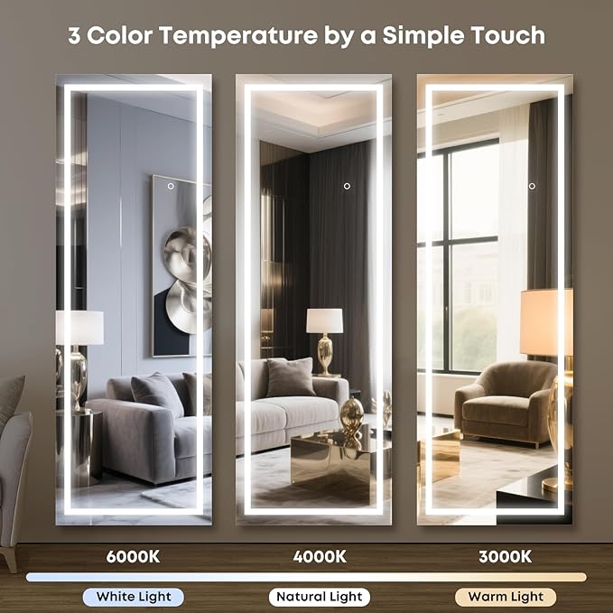 Kosmonia 63x24 Frameless Full Length Mirror, Dimmable 3 Color LED Light w/Memory Function, Distortion Free, HD Reflection & Anti Desilvering, Tempered Glass, Easy Setup w/Stand, Wall/Standing