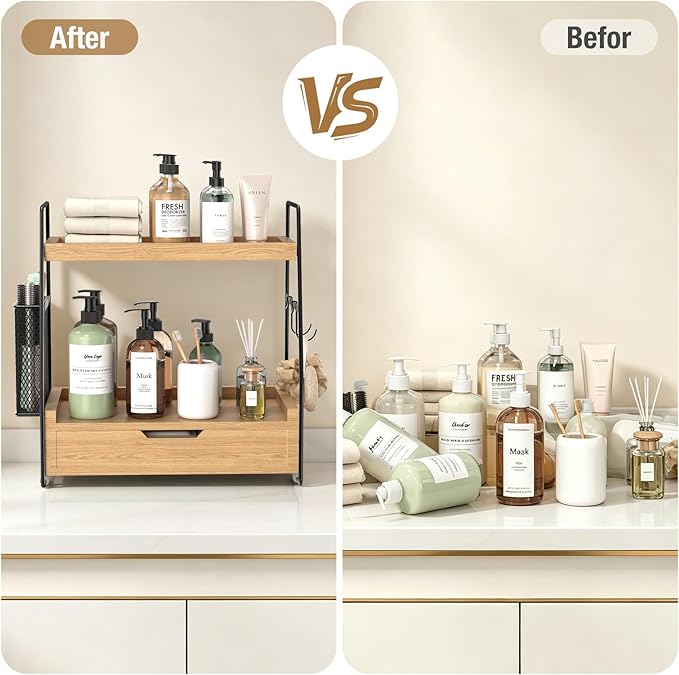 2-Tier Bathroom Counter Organizer with Drawer and Removable Basket, Wood Vanity Countertop Storage for Perfume, Makeup, Skincare, Bathroom Counter Shelf, Moisture-Resistant, Light Brown