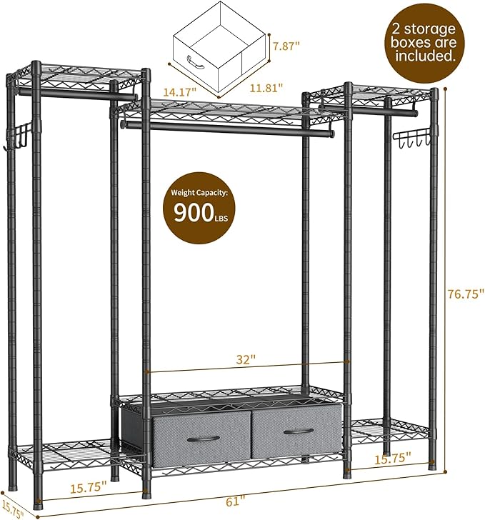 Golpart Coat Rack Clothes Wardrobe：Closet Organizer and Storage Clothing Garment Rack with Shelves Heavy Duty for Hanging Clothes Portable Adjustable Black 15.8" DX61 WX76.5 H