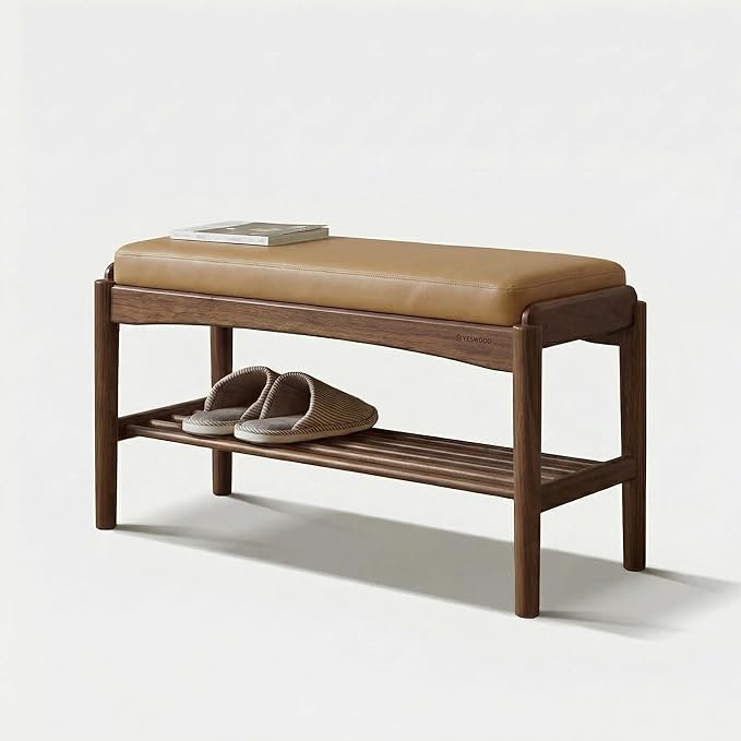 Black Walnut Shoe Bench Assembled, Solid Wood Shoe Rack Bench with Silicone Leather Cushion for Entryway, Living Room, Bedroom, Hallway