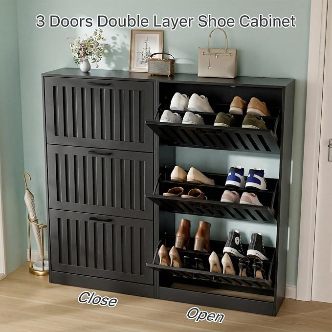 Shoe Storage Cabinet for Entryway with 3 Flip Drawers, Wooden Shoe Organizer with Adjustable Shelf, Freestanding Wood Fluted Panel Shoes Cabinet Closed Shoe Rack for Hallway Foyer, Black