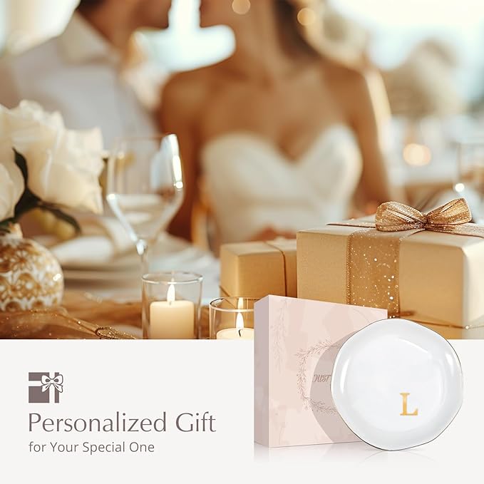 ProCase Ceramic Jewelry Tray, Initial Ring Dish Trinket Plate Engagement Gift, Small Personalized Monogram Ring Bowl for Wedding, White Decorative Jewelry Holder for Women Vanity -Letter L