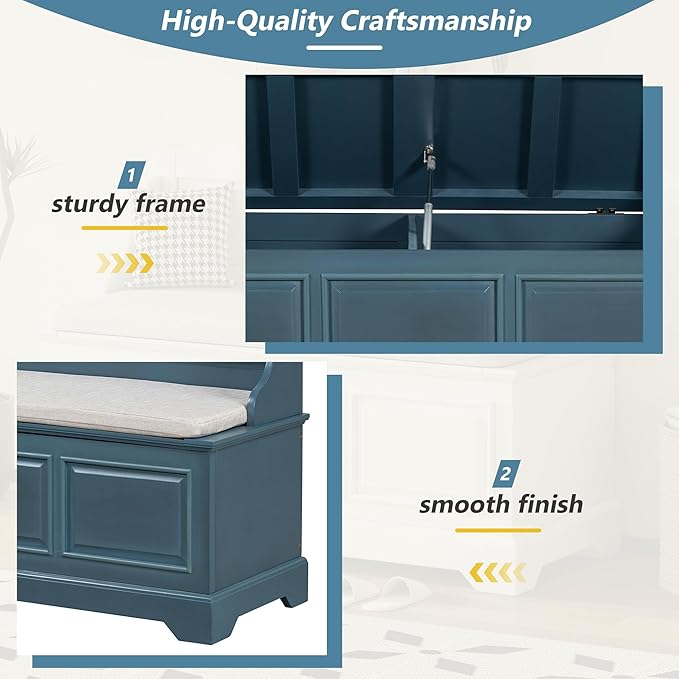 LUMISOL Shoe Storage Bench with Cushion, 41.7” Farmhouse Entryway Bench with Soft-Close Devices and Hidden Storage, Upholstered Storage Ottoman for Living Room, Entryway, Bedroom, Antique Navy