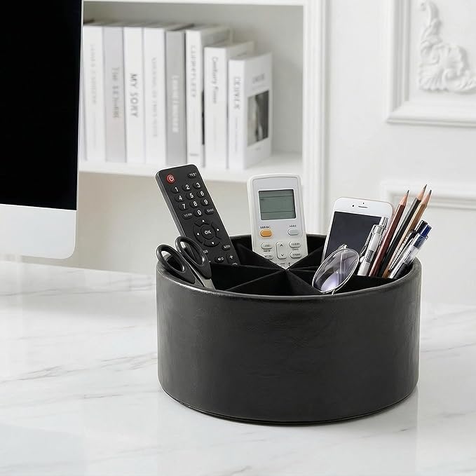 Remote Control Holder, 360°Spinning PU Leather Desk TV Remote Caddy,Desk Storage Box Room Accessories for Controller, Media,Mail,Calculator, Mobile Phone,Pencil(1-Oil Black)