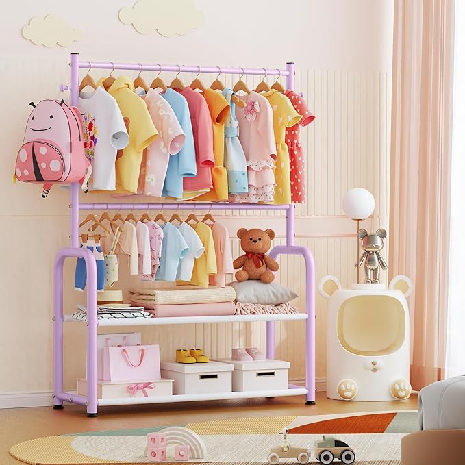 Kids Clothes Rack with 2 Tier Storage Racks and 2 Adjustable Hanging Poles, Small Baby Closet Organizer for Hanging Clothes, Kids Dress-Up Rack (Classic, Purple)