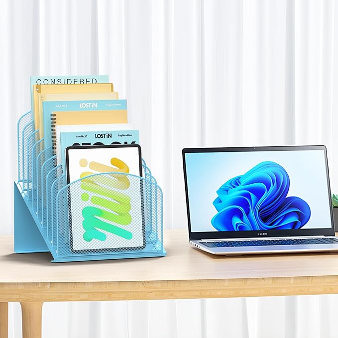 Inclined Desk File Organizer Metal Desk Magazine Folder Holder with 8-Section Vertical Compartments Rack File Organizer for Office, Home, School, Blue