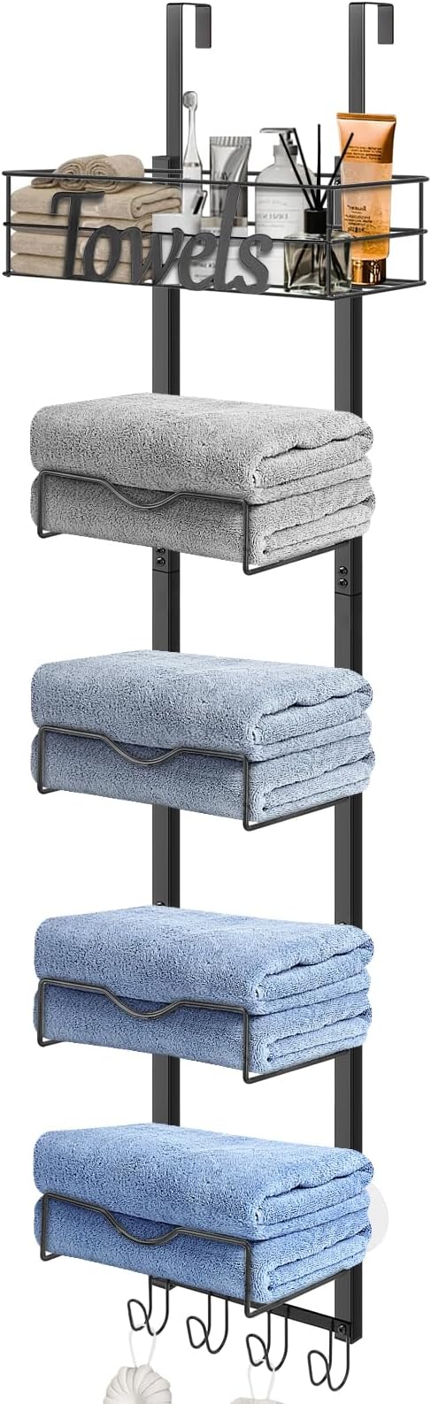 Over The Door Towel Racks, No Drill Towel Storage with Basket & Hooks, Space-Saving Multi-Functional Towel Holder for Bathrooms, bedrooms, Apartments, RVs (Matte Black, 6 Tier)