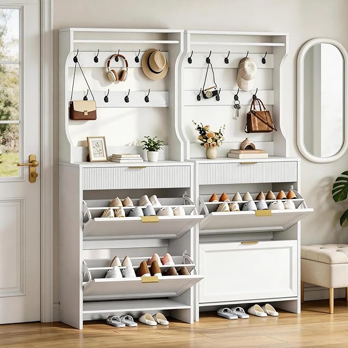 RALGEND Shoe Cabinet with Coat Rack, Tall Narrow Hidden Shoe Storage Cabinet with 2 Flip Drawers, Slim Freestanding Shoe Rack with Hooks, Hall Tree, Narrow Shoe Organizer for Entryway, White