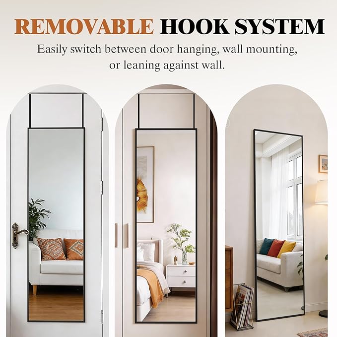 DUMOS 47x14 Full Length Mirror Over the Door, Wall Mounted Full Body Mirror, Door Hanging Metal Aluminum Alloy Frame Dressing Mirror for Bedroom, Living Room, Entryway, Black