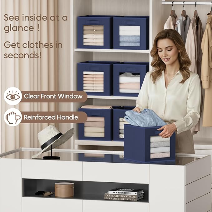Homsorout Storage Cube 11 Inch - Cube Storage Bins with Window, Closet Storage Baskets with Handle, Fabric Bins for Closet, Shelves, Toys, Clothes, Set of 8, Navy Blue