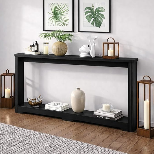 70" Extra Long Narrow Console Table, Fluted-Side Sofa Table with Open Shelf, Entryway/Hallway/Living Room Console – Black