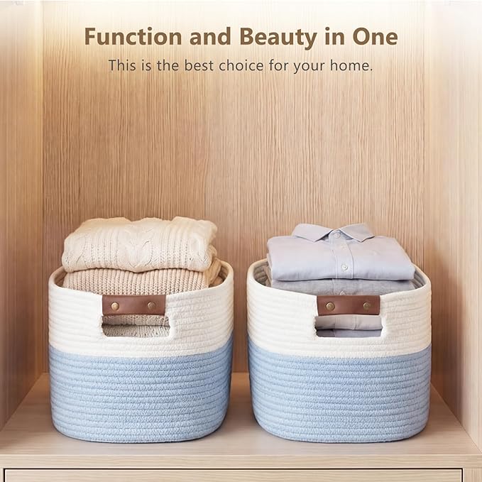 ECDYQXVU Cotton Rope Basket, Storage Baskets with Handle, 15x10x9 Inch Woven Basket for Shelves, Laundry, Towels, Clothes, Books (White/Blue 2Pack)