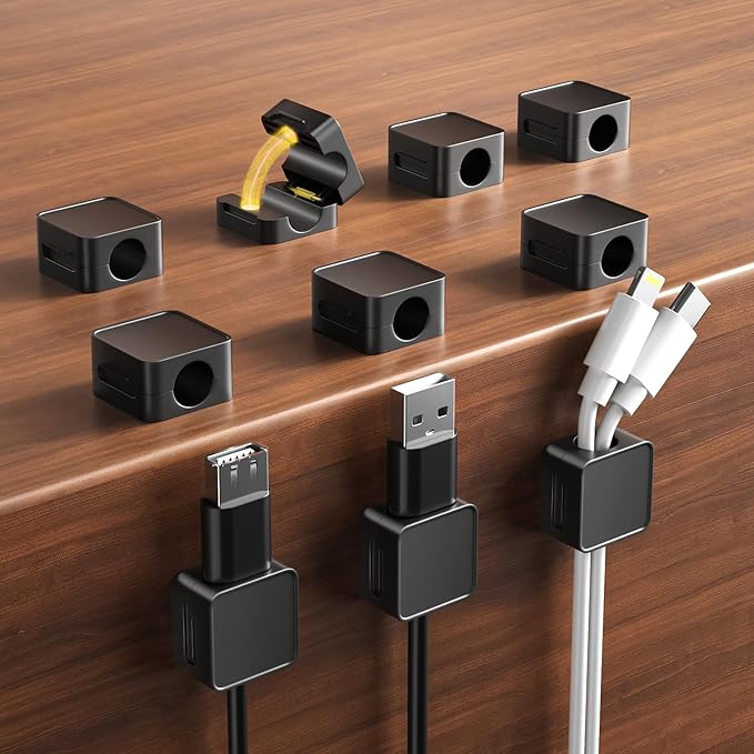 10 Pack Magnetic Cord Organizer Holder, Adjustable Cable Clips, Strong Adhesive Desk Cable Management Clips for Nightstand, Office, Car, Easy Open Design for Tidy Wire Organization