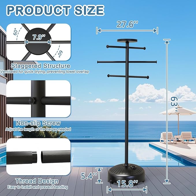 Pool Towel Rack with Wheels for Indoor Outdoor Use, 63 Inch Towel Holder with Storage Tray, 6 Adjustable Bars Hot Tub Accessories, Free Standing Towel Rack for Pool, Spa, Hot Tub