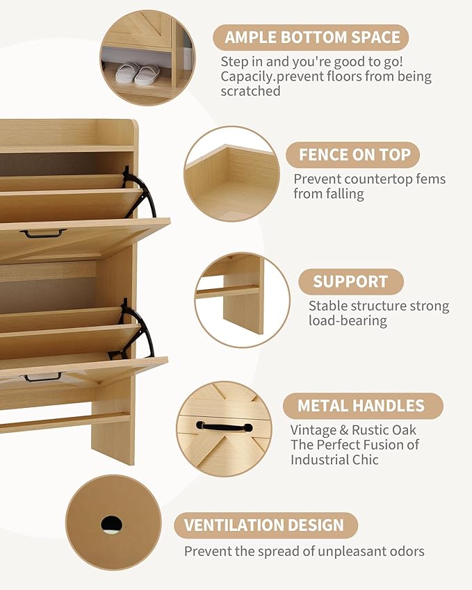 Shoe Cabinet Organizer with 2 Flip Drawers, Freestanding Narrow Shoe Rack for Entryway, Freestanding Hidden Shoe Storage Cabinet for Entryway, Hallway, Living Room, Bedroom, Natural