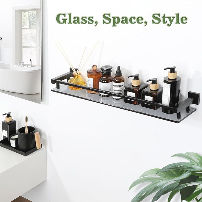 Alise Glass Bathroom Shelves Wall Mounted, 24 Inch Matte Black Tempered Floating Shelves Bathroom, Stainless Steel Bathroom Glass Shelf