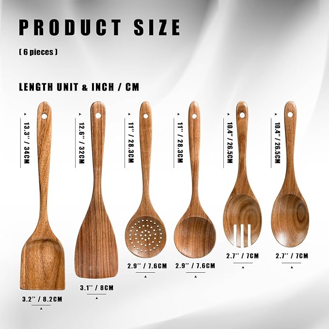 HSM Wooden Spoons for Cooking – 6-Piece Wooden Utensil Set, Non-Stick Safe, Easy-to-Clean Natural Acacia Wood Kitchen Utensils, Ideal for Cooking, Stirring, and Serving at Home