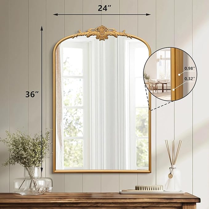 Besdomus Antique Arched Wall Mirror: 24"x36" French Large Arch Gleaming Gold Vintage Wall Mounted Mirror - Traditional Ornate Home Decor for Entryway/Fireplace/Bathroom - Idea for Homemakers