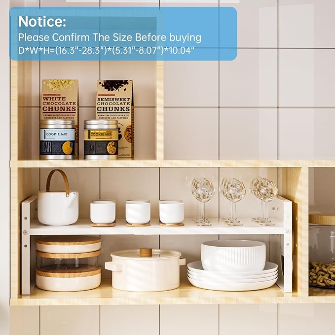Fun-Face Expandable Cabinet Shelf Organizer,Adjustable Height & Width, Stackable Metal Storage Rack,Kitchen Spice Rack, Pantry Shelf, Countertops (2, White)