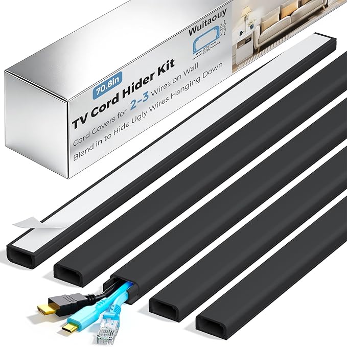 Cord Hider Kit, 70.8in Cord Covers for 2-3 Wires on Wall, Paintable Cable Hider Wire Covers for Cords on Wall, Self-Adhesive Cord Hider for Wall Mount Tv to Hide Cords, W0.94 H0.47in, Black