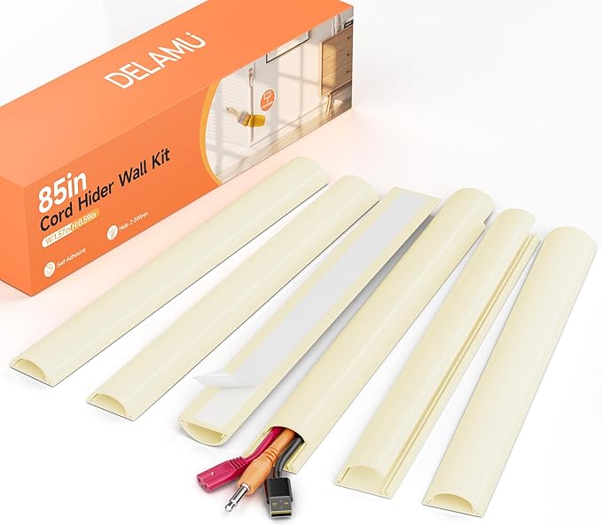 Delamu 85in Adhesive Cord Hider Wall, Mounted TV Cord Cover Kit, Multiple Cable Raceways for Wall Corner, Wire Cover Hiders for 2-3 Cables, 1.57" W X 0.59" H, Beige