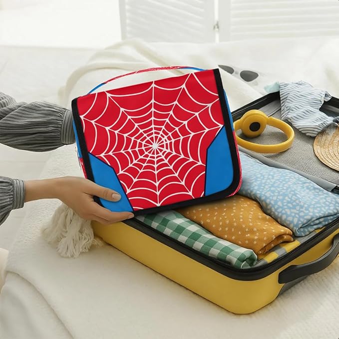 AUUXVA Kids Hanging Toiletry Bag for Boys - Waterproof Travel Cosmetic Organizer Makeup Pouch for Girls Shower Wash Bags with Hanging Hook Toiletries Storage Bag(Red Spider Web)